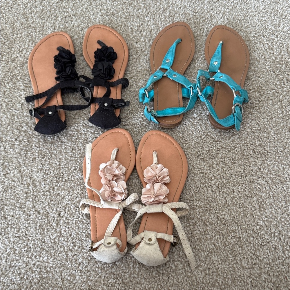 GAP Set of 3 Dressy Sandals; Nude and Black Flowers & Turquoise Sandals Size 6